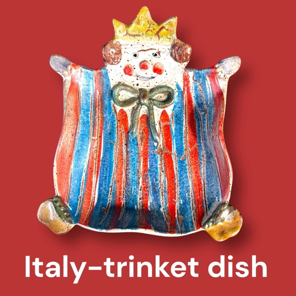 Italy-trinket dish clown hand-painted glazed pottery. Unique and colorful EUC!
